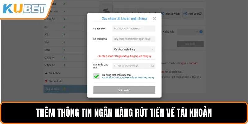 Thêm thông tin ngân hàng rút tiền về tài khoản